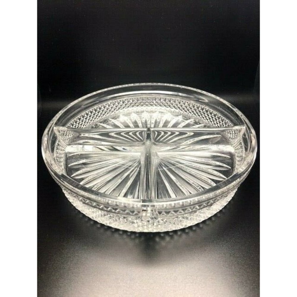 Vintage Round Diamond Candy/Trinket Dish 8" Heavy Glass 3 Dividers